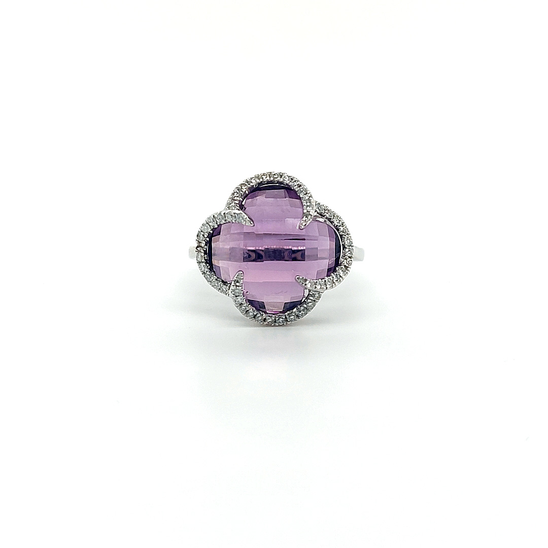 18ct white gold diamond and amethyst ring, diamond 0.22ct, rated G/H Si, amethyst 6.50ct, size M1/2