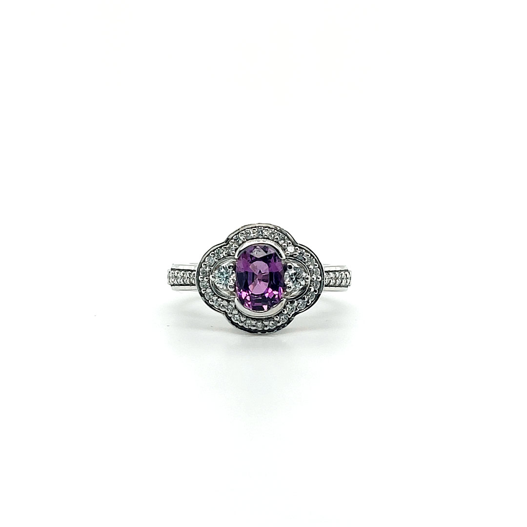 18ct white gold, purple sapphire with diamond set halo and shoulders, sapphire 1ct, diamond 0.45ct, rated G, VS, size: M1/2